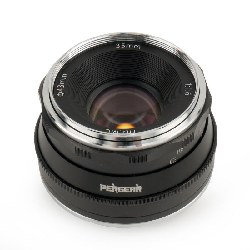 Objectif fixe Pergear 35 mm F1.6 pour appareils photo Sony, M4/3, Fuji, Nikon